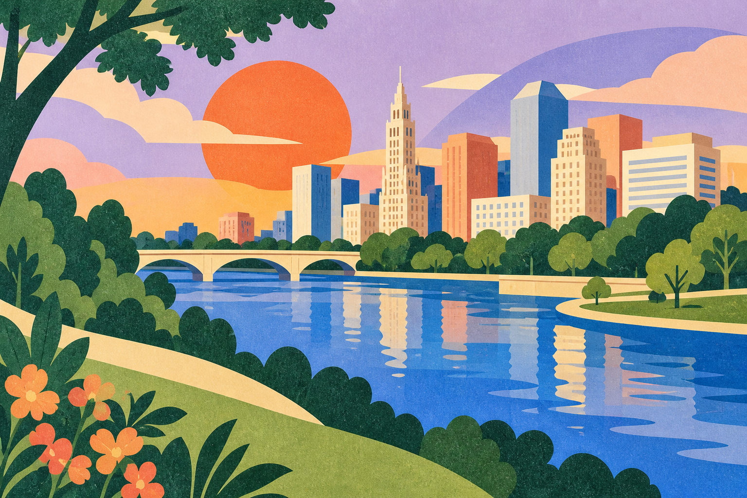 Illustrated interpretation of the Columbus skyline and Scioto River